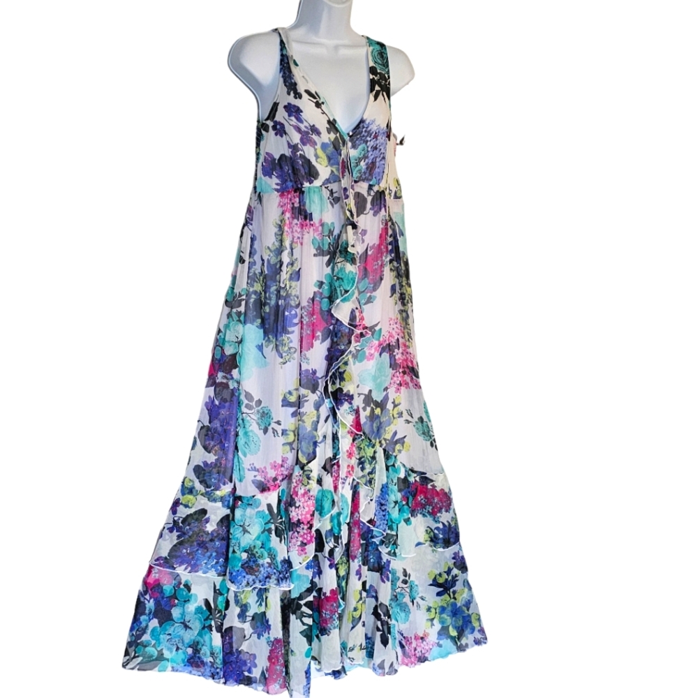 Chelsea & Theodore Floral Flowy Maxi Smocked Back Tiered Chiffon Dress Sz M - Picture 3 of 13